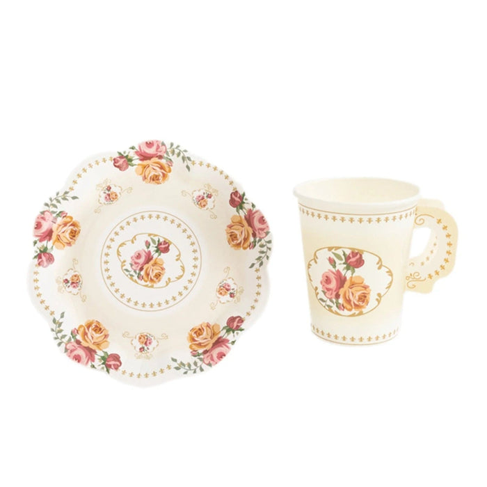 25 Rose Floral Print Paper Cups and Saucers Set - Disposable Tableware