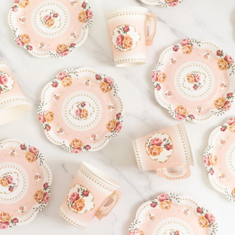 25 Rose Floral Print Paper Cups and Saucers Set - Disposable Tableware