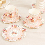 25 Rose Floral Print Paper Cups and Saucers Set - Disposable Tableware