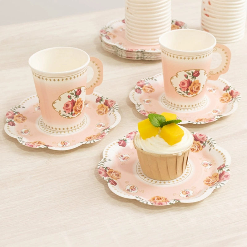 25 Rose Floral Print Paper Cups and Saucers Set - Disposable Tableware