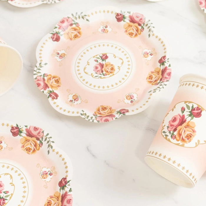 25 Rose Floral Print Paper Cups and Saucers Set - Disposable Tableware