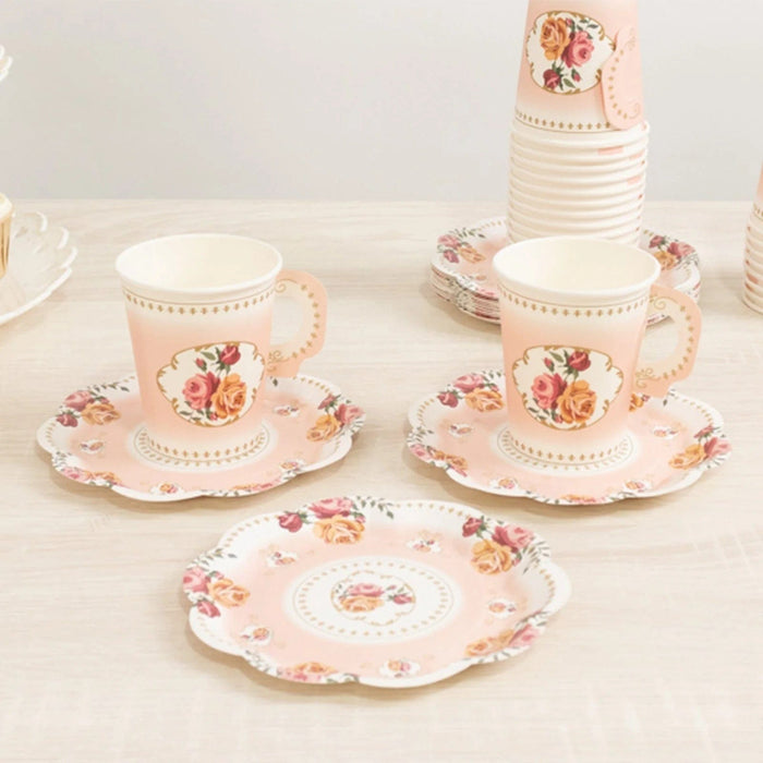 25 Rose Floral Print Paper Cups and Saucers Set - Disposable Tableware