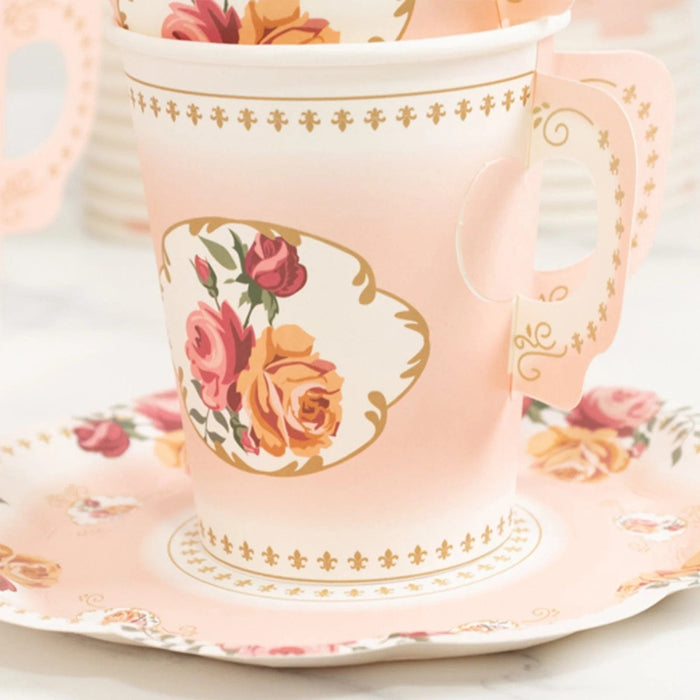 25 Rose Floral Print Paper Cups and Saucers Set - Disposable Tableware