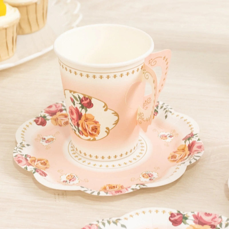 25 Rose Floral Print Paper Cups and Saucers Set - Disposable Tableware
