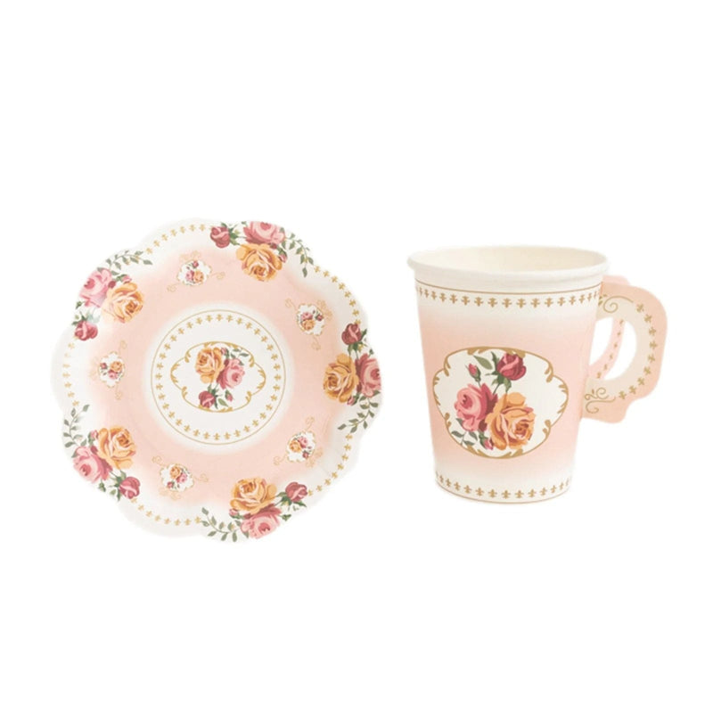 25 Rose Floral Print Paper Cups and Saucers Set - Disposable Tableware