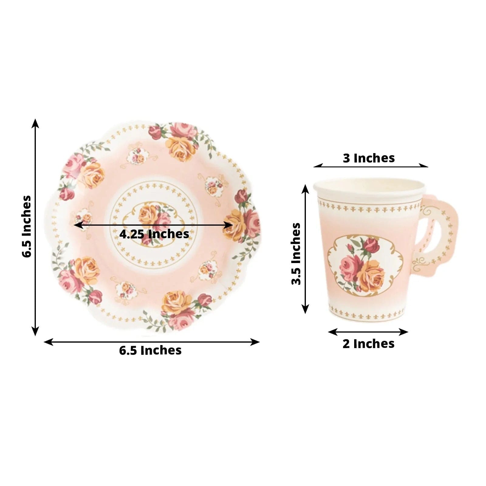 25 Rose Floral Print Paper Cups and Saucers Set - Disposable Tableware