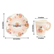 25 Rose Floral Print Paper Cups and Saucers Set - Disposable Tableware