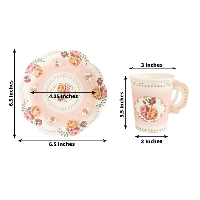 25 Rose Floral Print Paper Cups and Saucers Set - Disposable Tableware