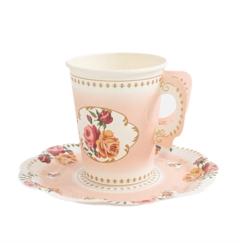 25 Rose Floral Print Paper Cups and Saucers Set - Disposable Tableware DSP_PPCU_TEA01_080