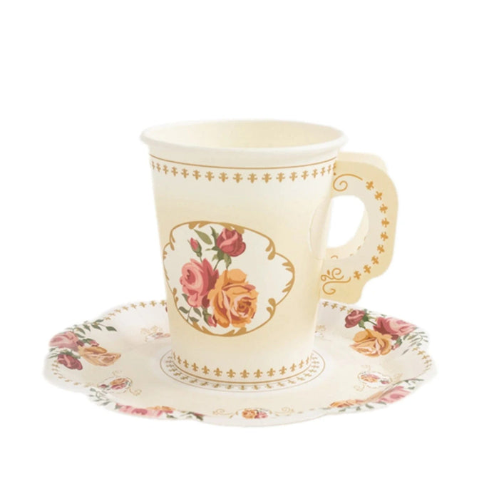 25 Rose Floral Print Paper Cups and Saucers Set - Disposable Tableware DSP_PPCU_TEA01_IVR
