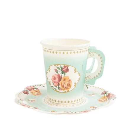 25 Rose Floral Print Paper Cups and Saucers Set - Disposable Tableware DSP_PPCU_TEA01_TURQ
