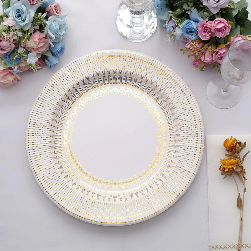 25 Round 13" Vintage Style Paper Serving Plates - Gold and White DSP_CHRG_R0021_WHTGD
