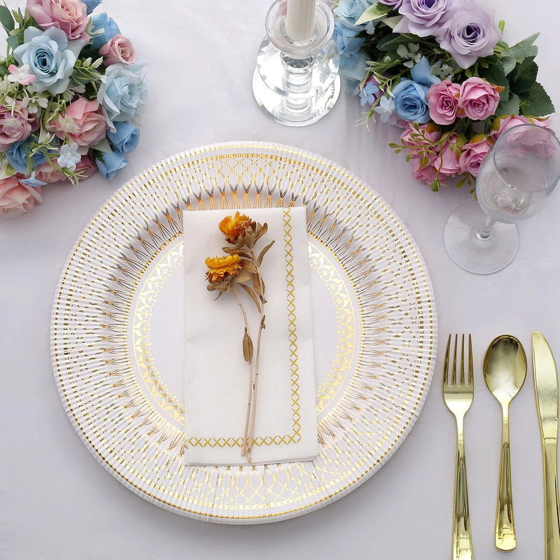 25 Round 13" Vintage Style Paper Serving Plates - Gold and White DSP_CHRG_R0021_WHTGD