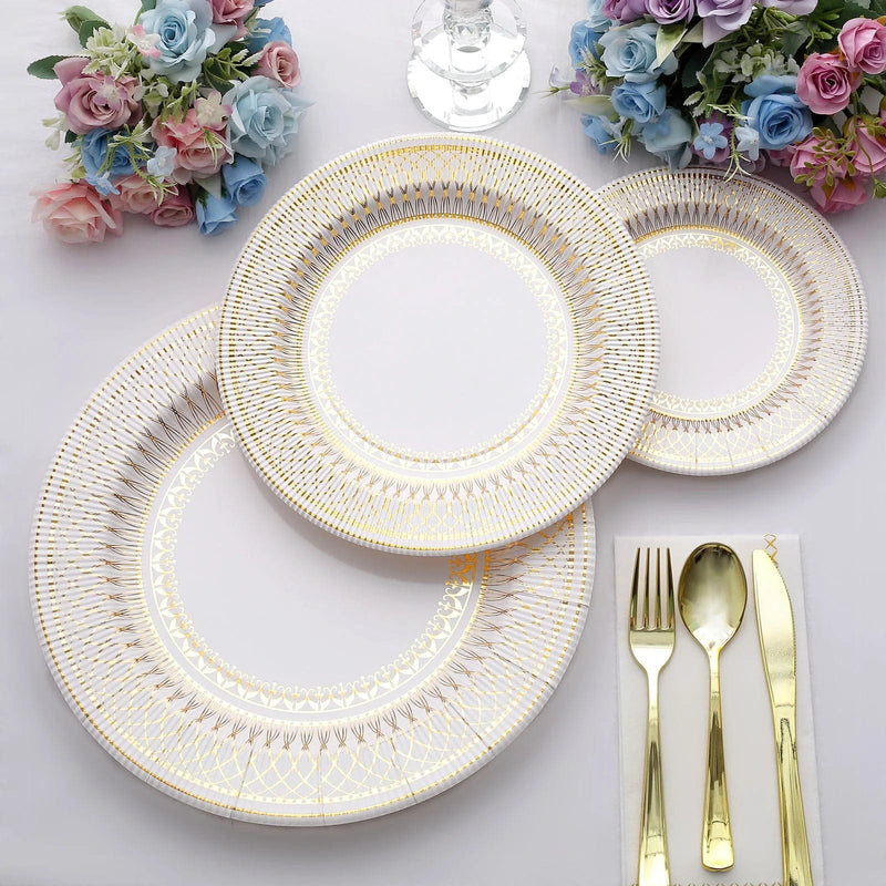25 Round 13" Vintage Style Paper Serving Plates - Gold and White DSP_CHRG_R0021_WHTGD