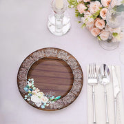 25 Round 13" Wood Print Paper Charger Plates with Floral Lace Rim - Brown and White DSP_CHRG_R0021_WHTBN