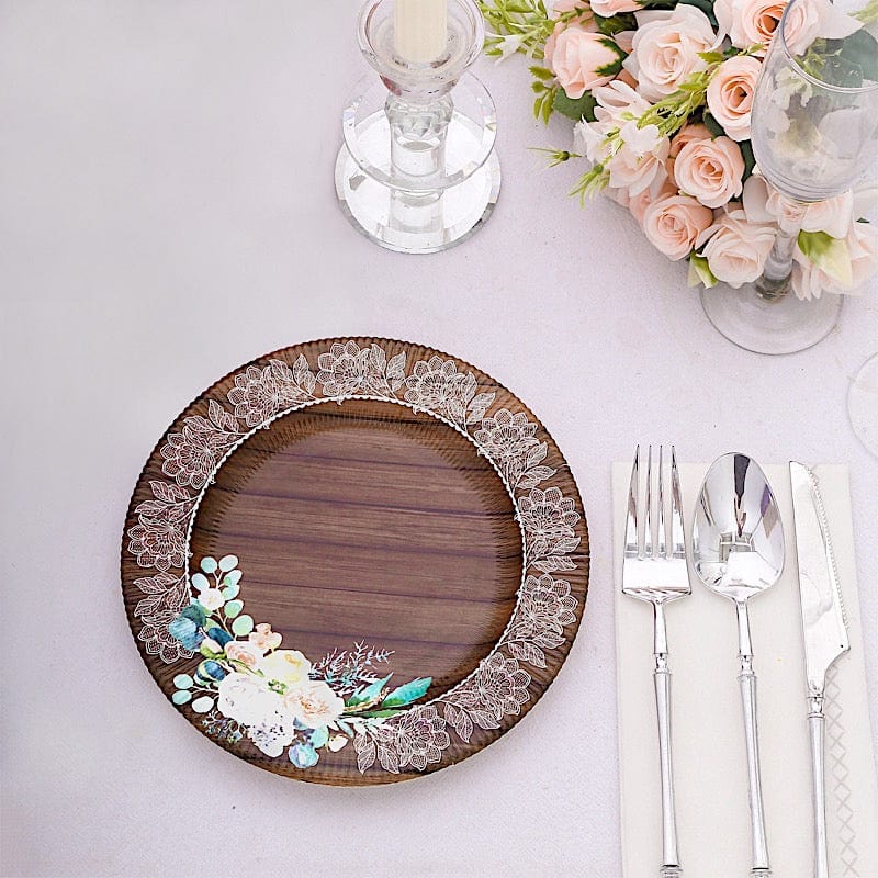 25 Round 13" Wood Print Paper Charger Plates with Floral Lace Rim - Brown and White DSP_CHRG_R0021_WHTBN