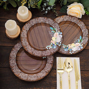25 Round 13" Wood Print Paper Charger Plates with Floral Lace Rim - Brown and White DSP_CHRG_R0021_WHTBN