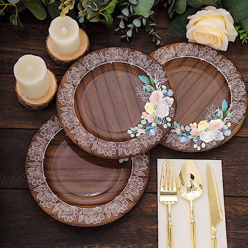 25 Round 13" Wood Print Paper Charger Plates with Floral Lace Rim - Brown and White DSP_CHRG_R0021_WHTBN