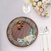 25 Round 13" Wood Print Paper Charger Plates with Floral Lace Rim - Brown and White DSP_CHRG_R0021_WHTBN