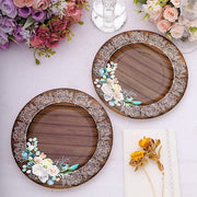 25 Round 13" Wood Print Paper Charger Plates with Floral Lace Rim - Brown and White DSP_CHRG_R0021_WHTBN