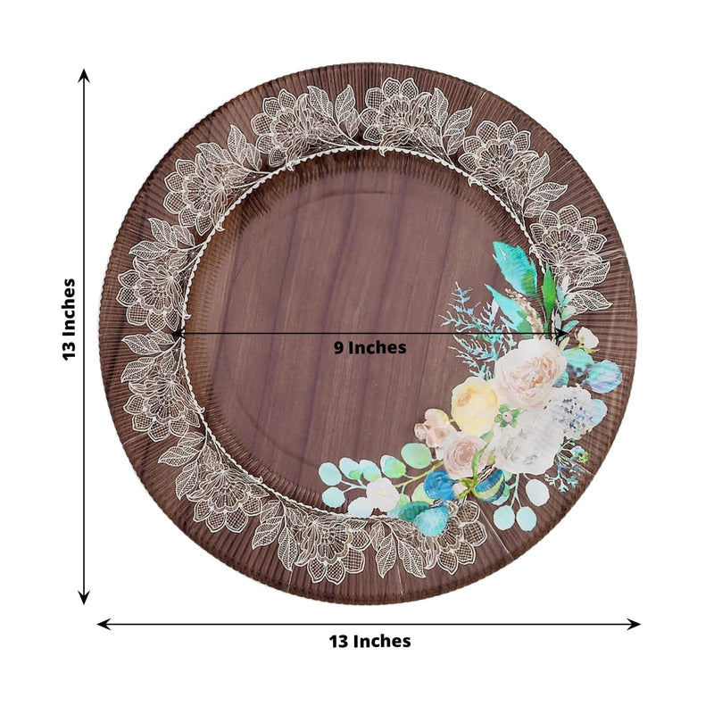 25 Round 13" Wood Print Paper Charger Plates with Floral Lace Rim - Brown and White DSP_CHRG_R0021_WHTBN