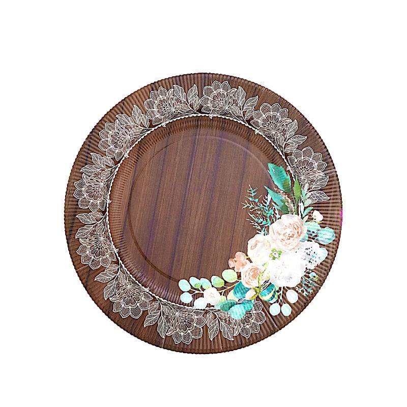 25 Round 13" Wood Print Paper Charger Plates with Floral Lace Rim - Brown and White DSP_CHRG_R0021_WHTBN