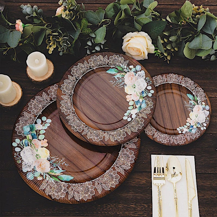25 Round 13" Wood Print Paper Charger Plates with Floral Lace Rim - Brown and White DSP_CHRG_R0021_WHTBN