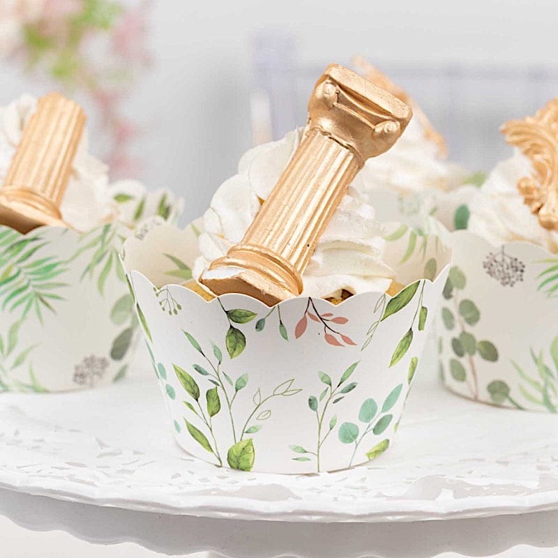 25 Round Paper Cupcake Wrappers with Eucalyptus Leaves Print - Green and White CAKE_WRAP_PAP05_GRN