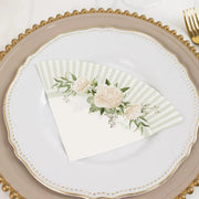 25 Round Paper Napkins with Floral Lined Pattern - White Sage Green NAP_BEV29_SAGE