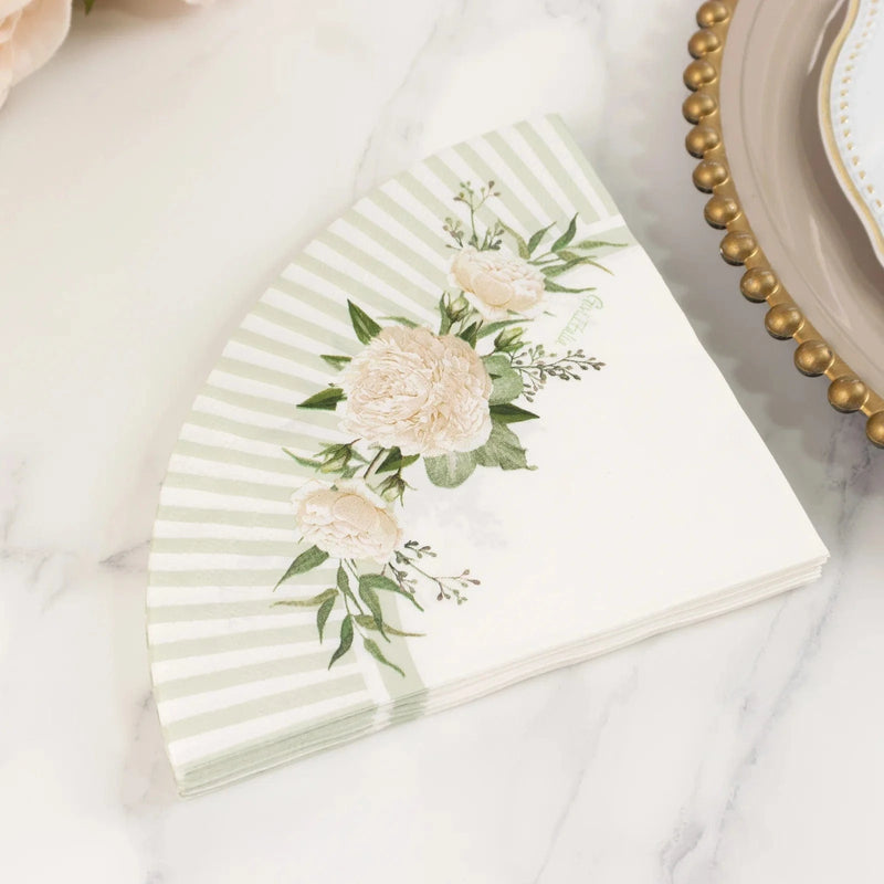 25 Round Paper Napkins with Floral Lined Pattern - White Sage Green NAP_BEV29_SAGE