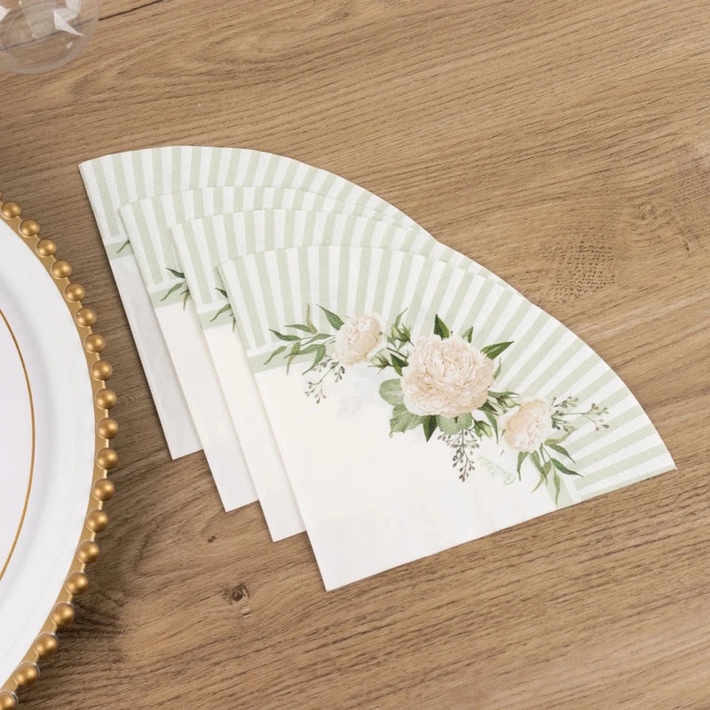 25 Round Paper Napkins with Floral Lined Pattern - White Sage Green NAP_BEV29_SAGE