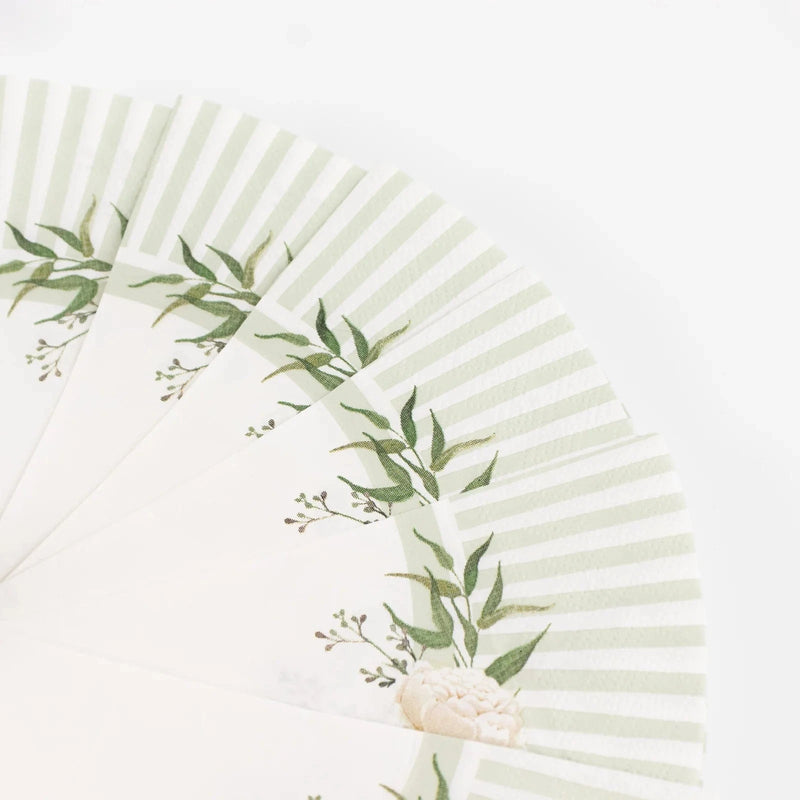 25 Round Paper Napkins with Floral Lined Pattern - White Sage Green NAP_BEV29_SAGE