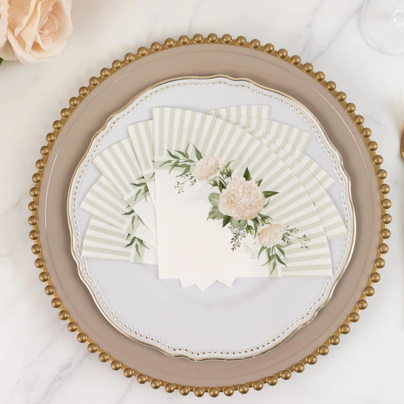 25 Round Paper Napkins with Floral Lined Pattern - White Sage Green NAP_BEV29_SAGE