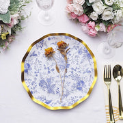 25 Round Paper Salad Dinner Plates with Gold Wavy Rim - Disposable Tableware