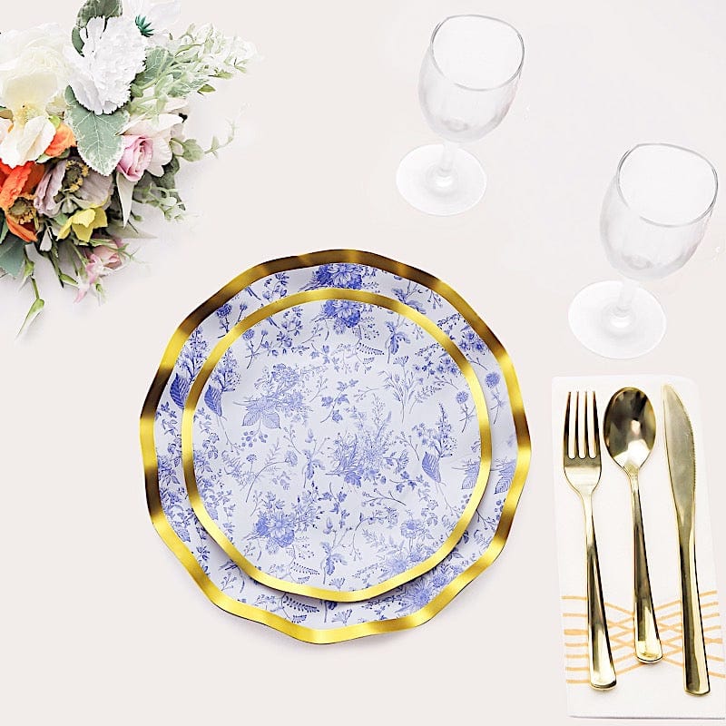 25 Round Paper Salad Dinner Plates with Gold Wavy Rim - Disposable Tableware