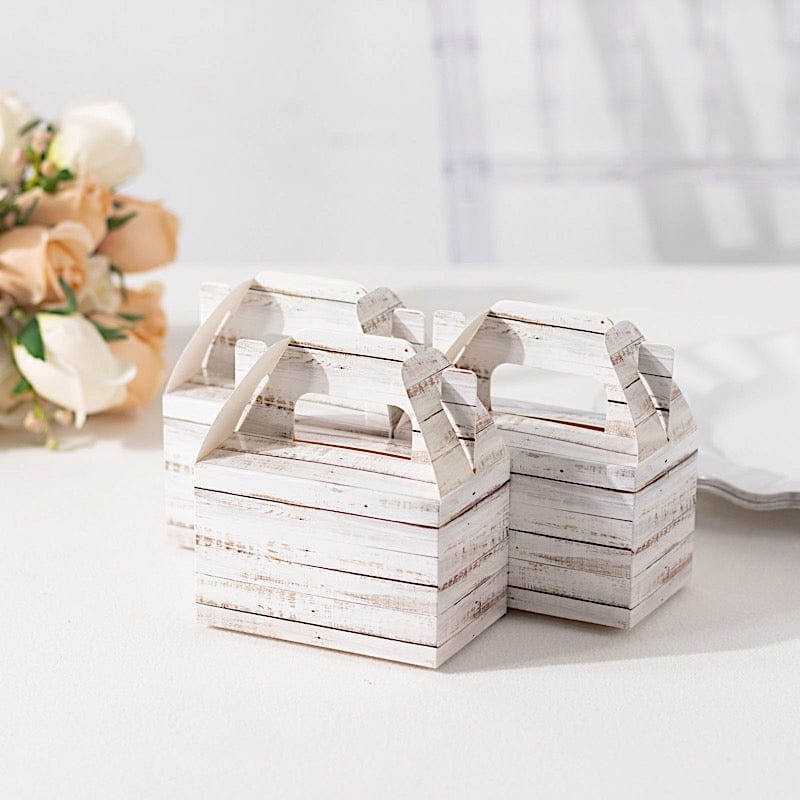 25 Rustic Party Favor Gift Gable Boxes with Wood Plank Pattern - White BOX_4X5_TOTE04_WHT