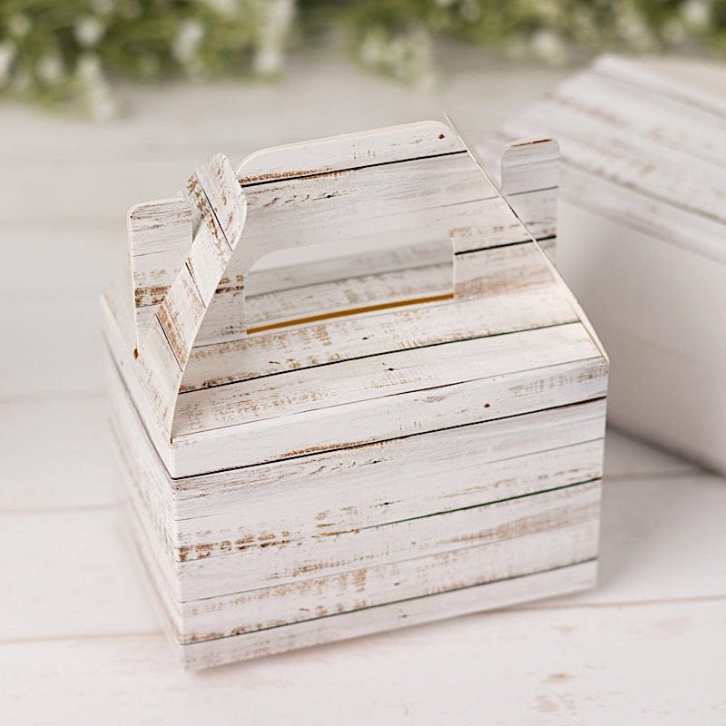 25 Rustic Party Favor Gift Gable Boxes with Wood Plank Pattern - White BOX_4X5_TOTE04_WHT