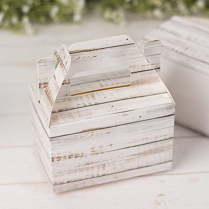 25 Rustic Party Favor Gift Gable Boxes with Wood Plank Pattern - White BOX_4X5_TOTE04_WHT