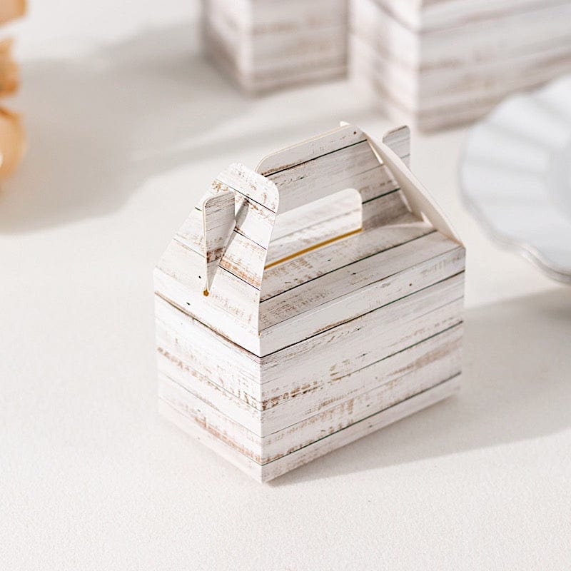 25 Rustic Party Favor Gift Gable Boxes with Wood Plank Pattern - White BOX_4X5_TOTE04_WHT