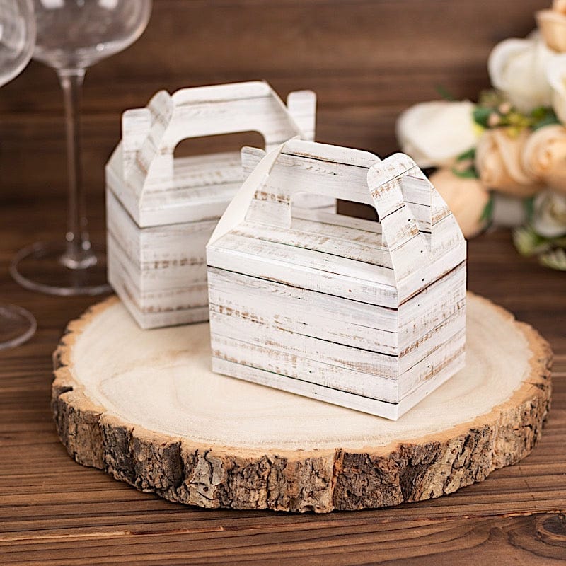 25 Rustic Party Favor Gift Gable Boxes with Wood Plank Pattern - White BOX_4X5_TOTE04_WHT