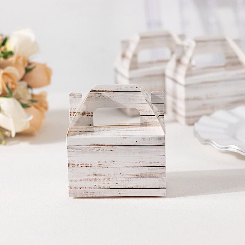 25 Rustic Party Favor Gift Gable Boxes with Wood Plank Pattern - White BOX_4X5_TOTE04_WHT