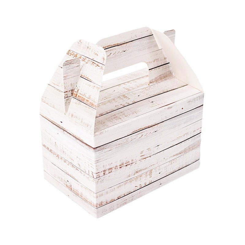 25 Rustic Party Favor Gift Gable Boxes with Wood Plank Pattern - White BOX_4X5_TOTE04_WHT