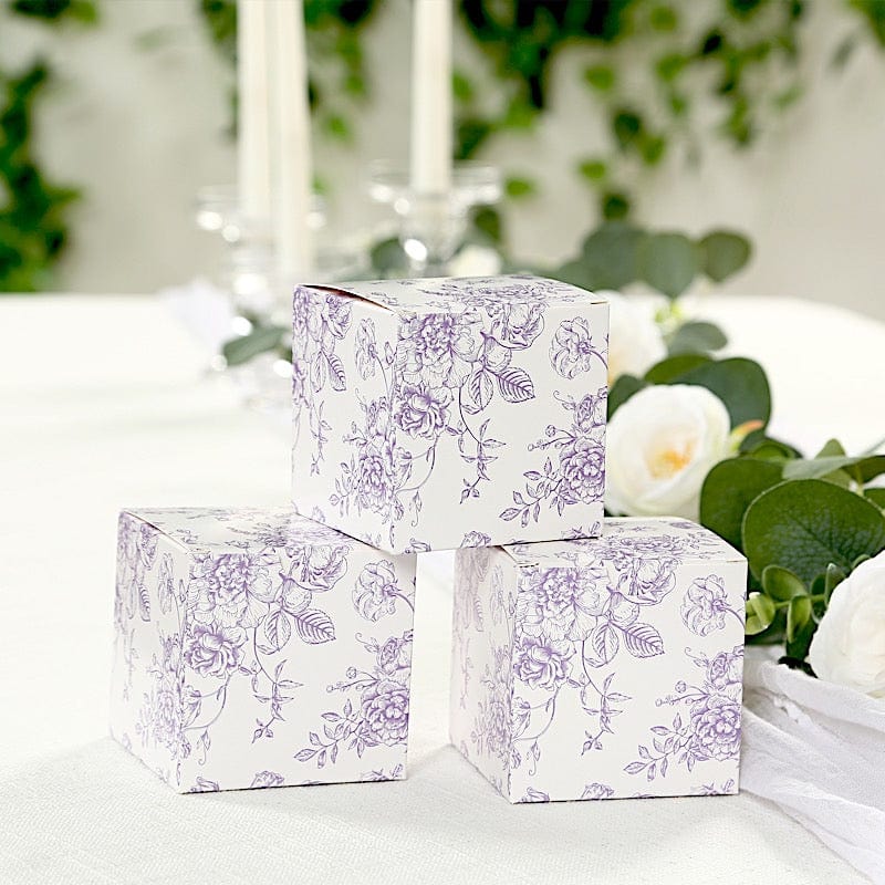 25 Square 3" x 3" Favor Boxes Floral Printed Gift Holders - White
