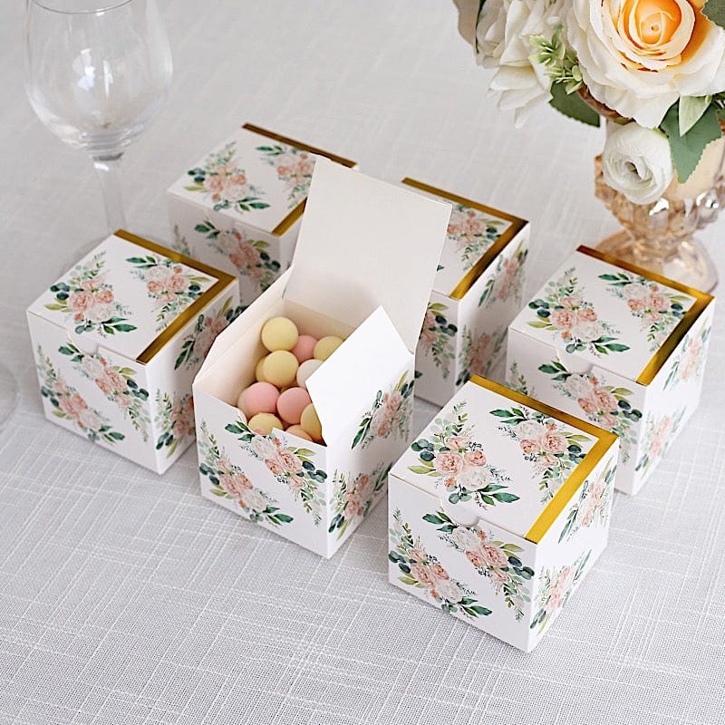 25 Square 3" x 3" Favor Boxes Floral Printed Gift Holders - White