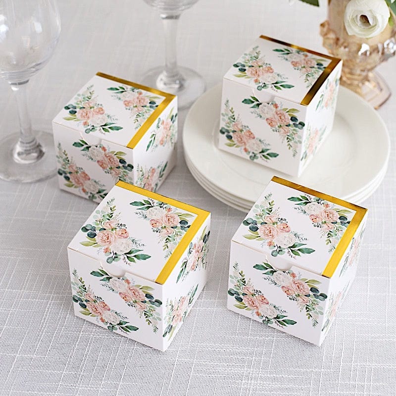 25 Square 3" x 3" Favor Boxes Floral Printed Gift Holders - White
