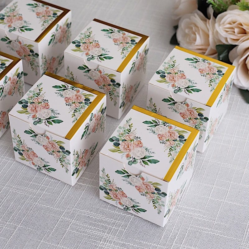 25 Square 3" x 3" Favor Boxes Floral Printed Gift Holders - White