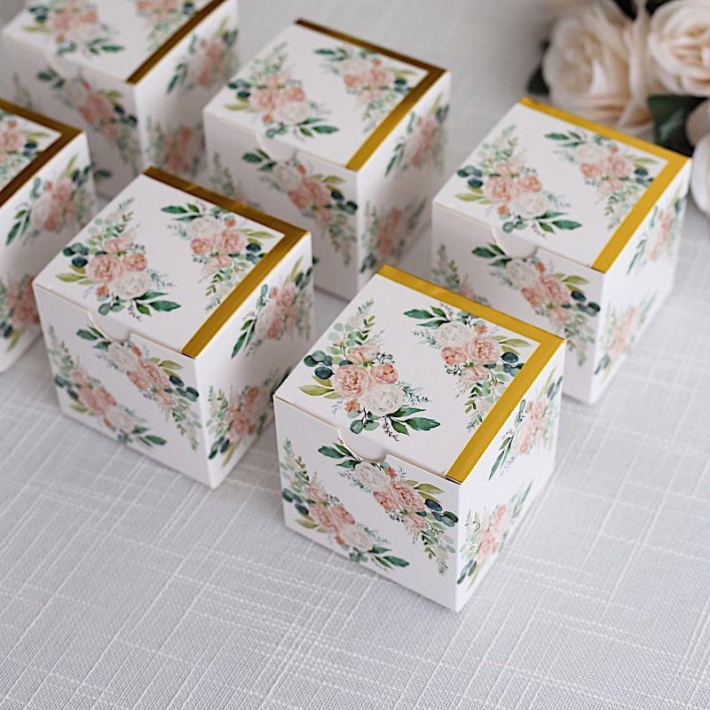 25 Square 3" x 3" Favor Boxes Floral Printed Gift Holders - White