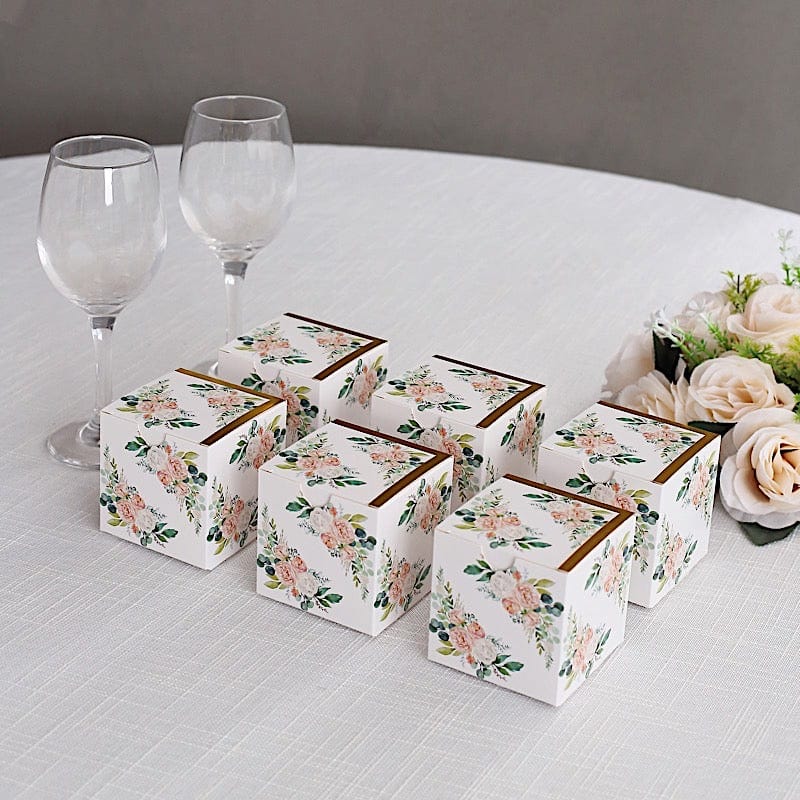 25 Square 3" x 3" Favor Boxes Floral Printed Gift Holders - White