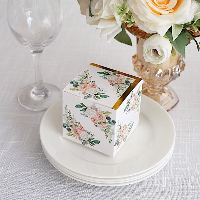 25 Square 3" x 3" Favor Boxes Floral Printed Gift Holders - White