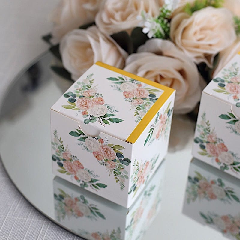25 Square 3" x 3" Favor Boxes Floral Printed Gift Holders - White